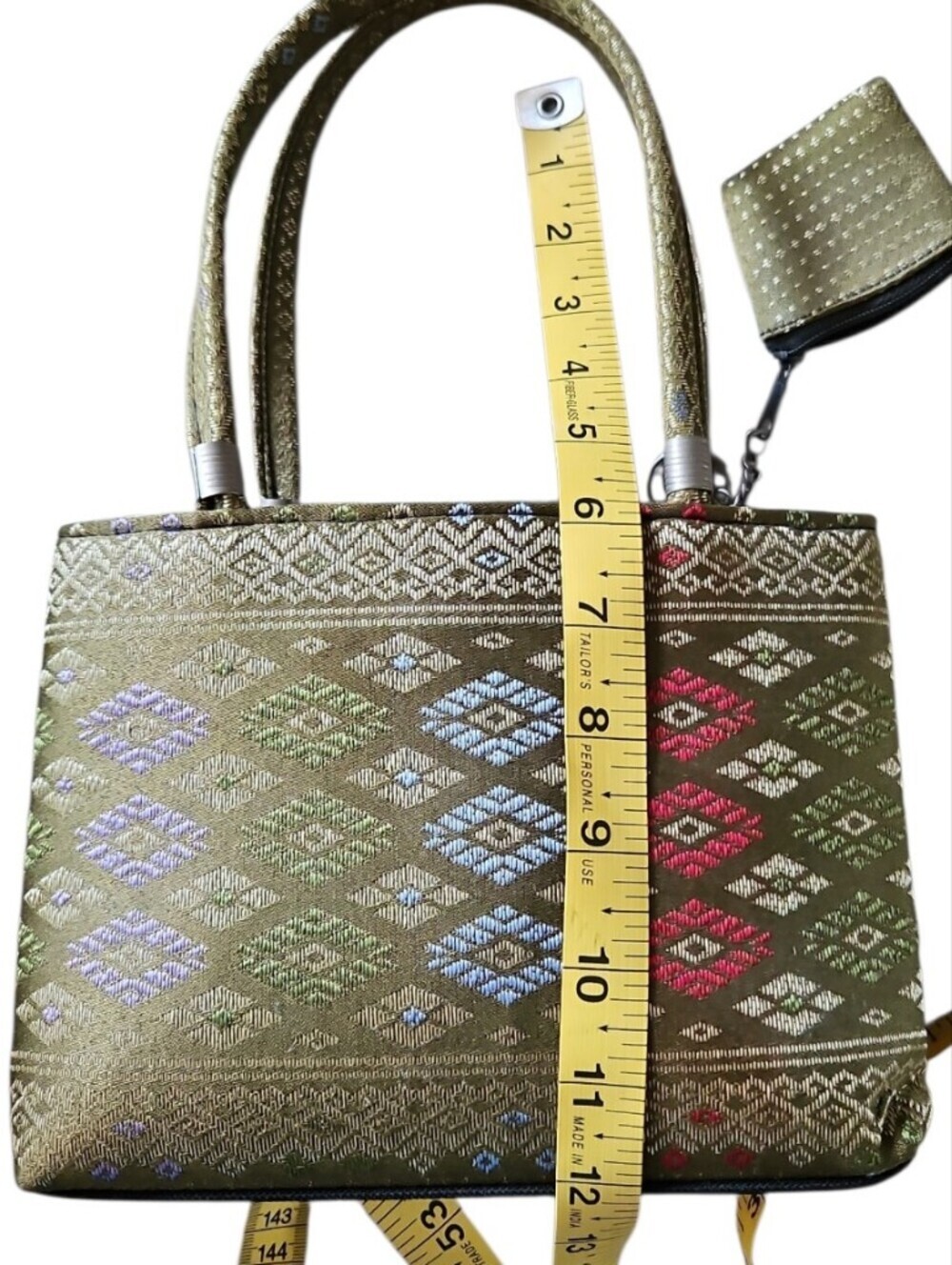 Thai Silk Brocade Handbag Gold Diamond Weave Top Handle Evening Bag - Picture 2 of 6